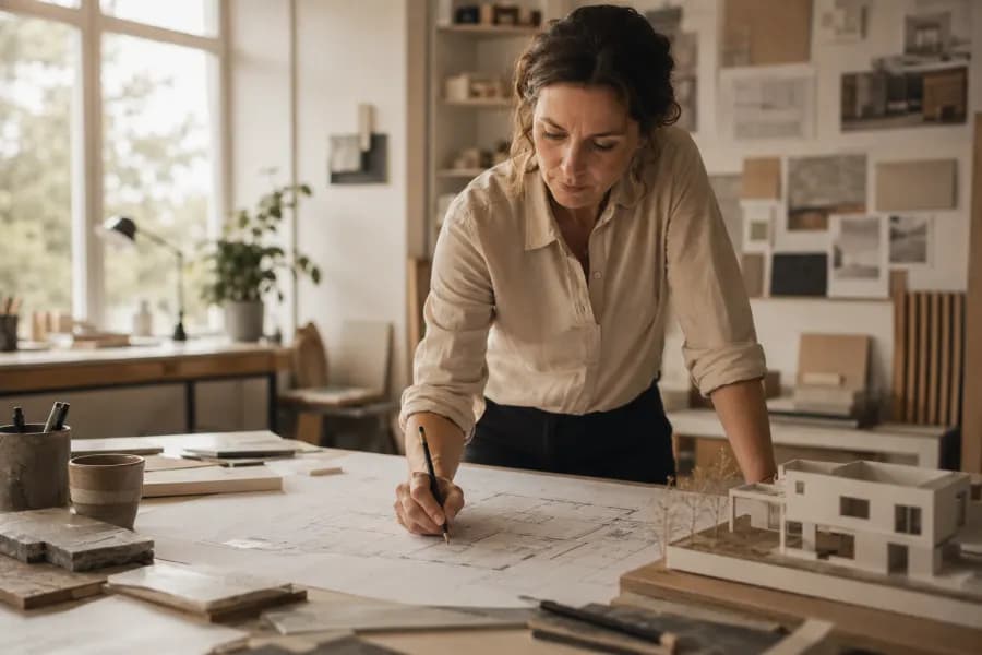 Architektin zeichnet an einem Grundriss